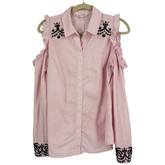 Nanette Lapore Cold Shoulder Embroidered Button Front Striped Top Medium - Picture 1 of 5
